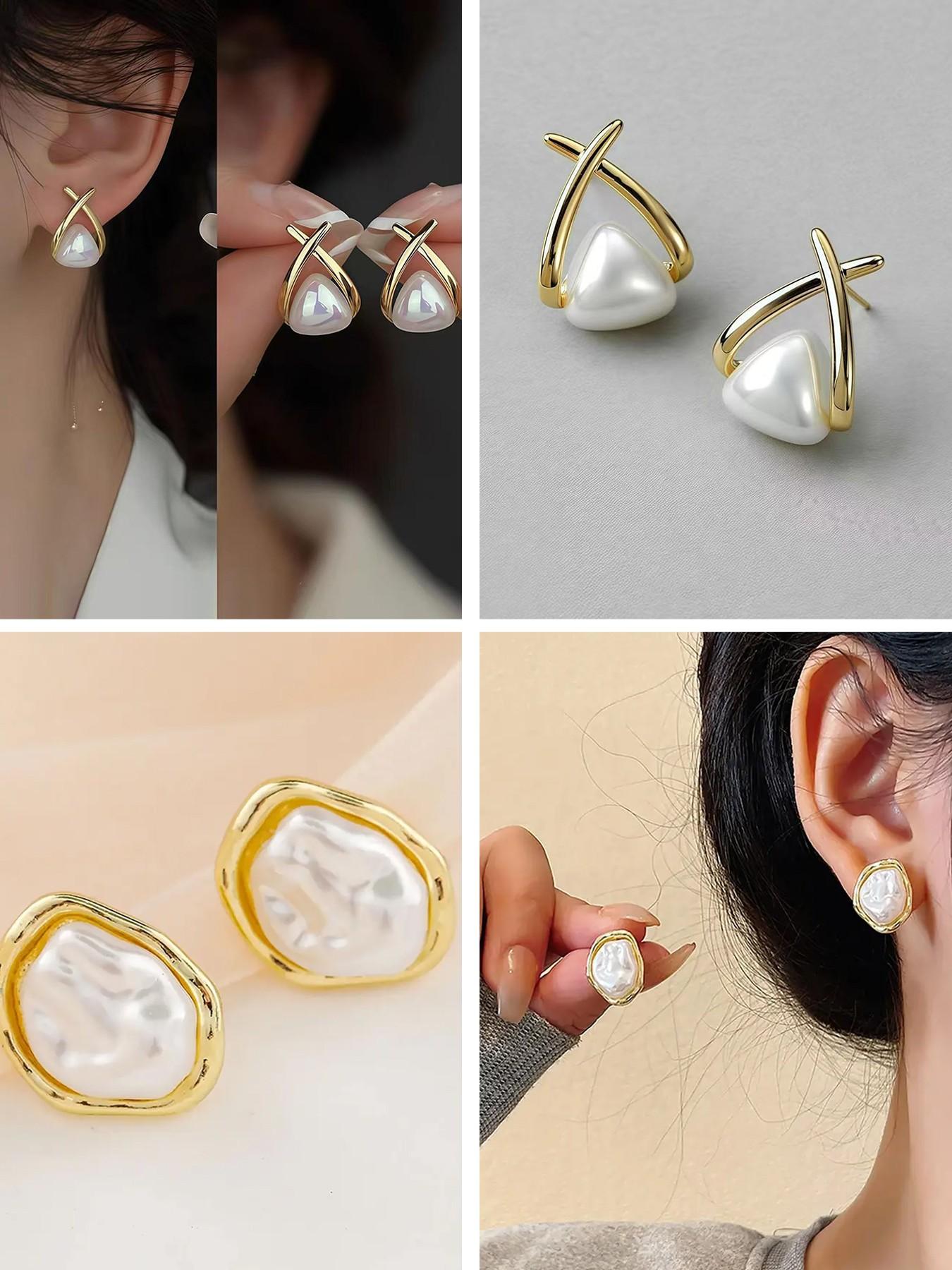 Women's Stylish Gold-Plated Pearl Embellished Earrings Set, Stylish Jewelry, Hypoallergenic Studs & Dangles, Ideal Gift for Her, 15 Pair Collection, Earring Stacking Set, Hypoallergenic Earrings Pack
