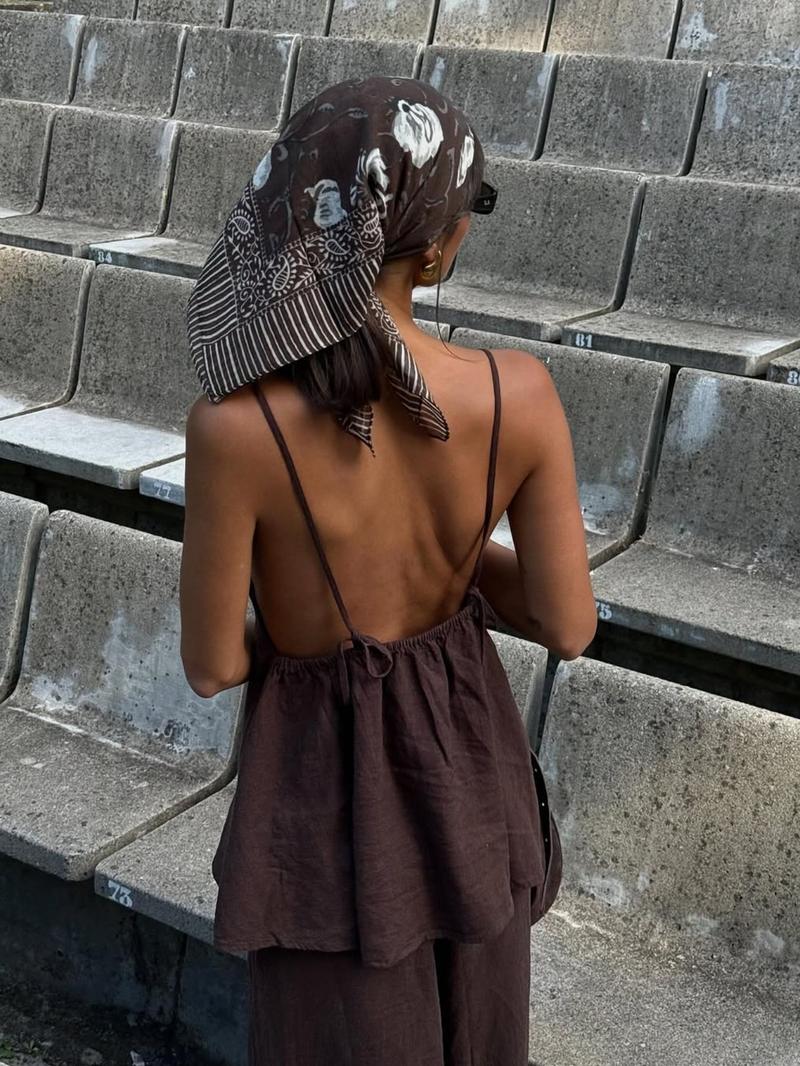 Fashion Casual Vacation Style Deep V Backless Crop Top and Wide Leg Pants Set, Sleeveless Fitted H-Type, Long Regular Length, Natural Waist