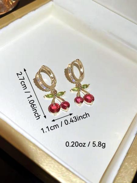 Cute Cherry Design Earrings with Rhinestones, Sparkling Small Hoops for Women, Perfect for Daily Wear, Dates & Gifts