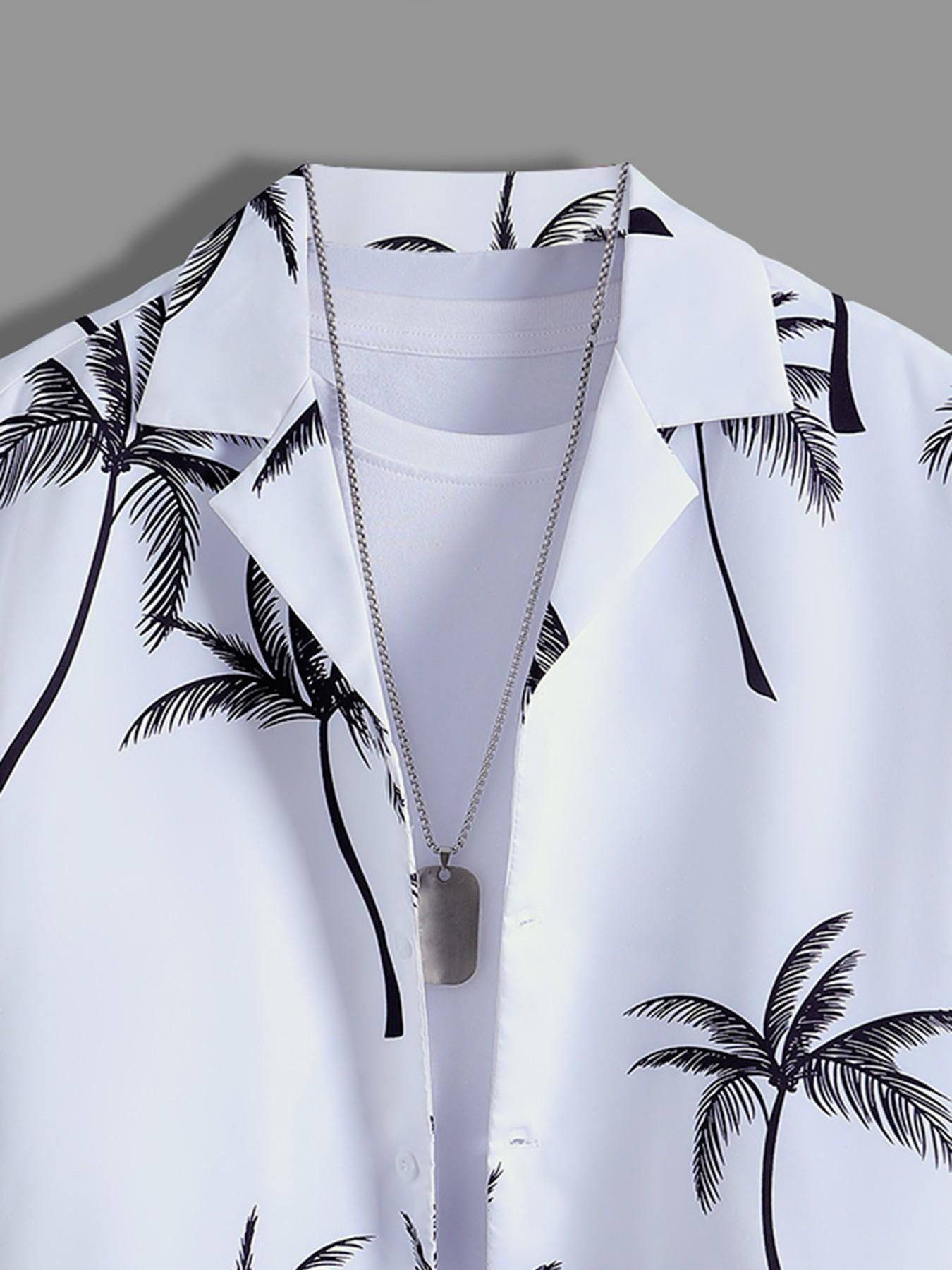 Men's White & Black, Tropical Palm Tree Print Loungewear Set, Shorts Pyjama Set - Short-Sleeve Button-Up Shirt (Rolled Cuffs) + Drawstring Shorts, Ultra-Soft Smooth Fabric, Relaxed Oversize Fit, Perfect for At-Home Lounging, Lazy Weeke Men's White & Black, Tropical Palm Tree Print Loungewear Set, Shorts Pyjama Set - Short-Sleeve Button-Up Shirt (Rolled Cuffs) + Drawstring Shorts, Ultra-Soft Smooth Fabric, Relaxed Oversize Fit, Perfect for At-Home Lounging, Lazy Weeke