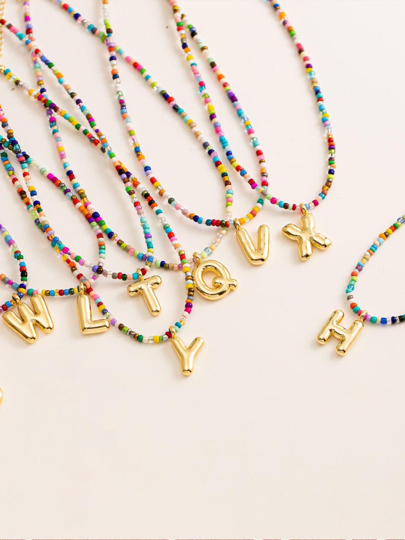 Women's Colorful Letter Necklace, Bubble Initial Necklace, Handmade Beaded Jewelry, Bohemian Beach Style, Perfect Gift, High-Quality Fashion Accessory