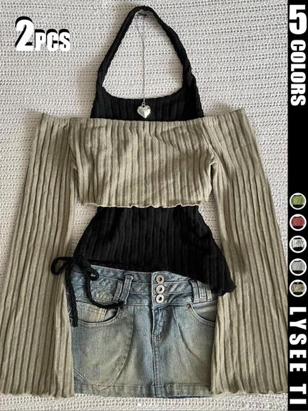 2PCS Fashion casual women's contrasting neck hanging solid color top two-piece set