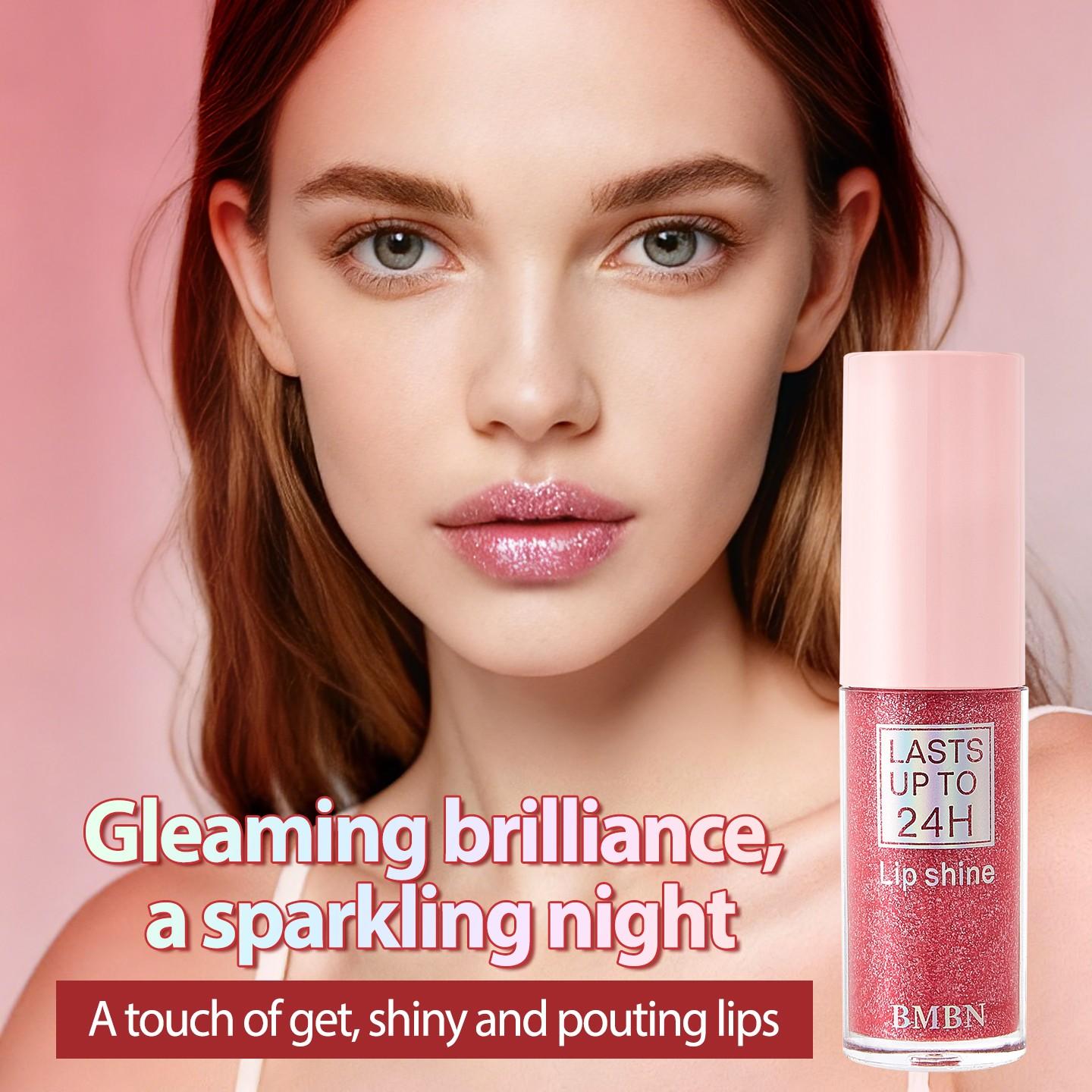 BMBN monochrome shiny lip gloss lipstick - shiny pink gel formula, shiny lip glaze, with glitter powder, instantly create a charming look, lasting shiny, berry color (pink and) - suitable for all beige colors, parties, activities, daily makeup - lip color