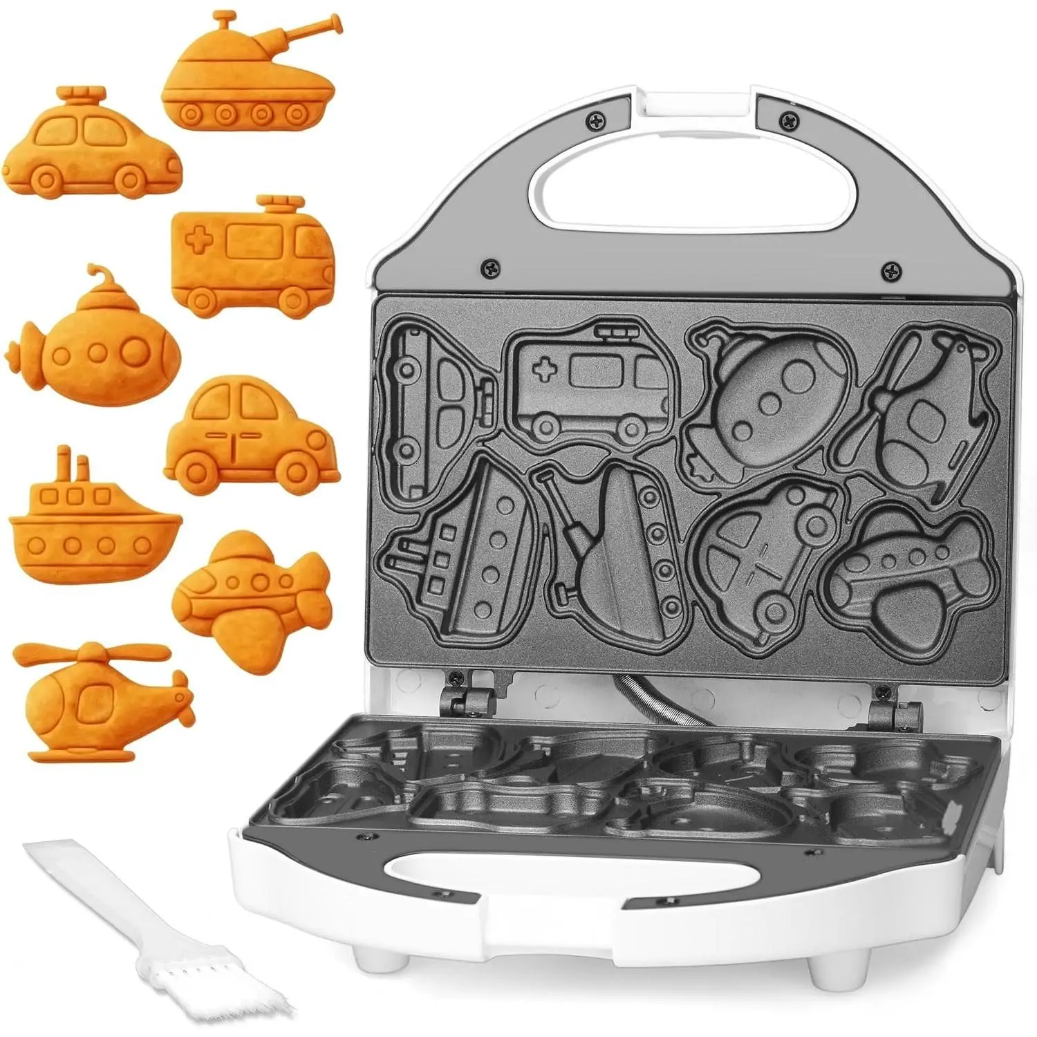 Car Waffle Maker for Kids, Halloween & Christmas Mini Waffle Maker, 8 Fun Vehicle Shaped Mini Pancake Maker, Non Stick Surface, Excellent Gift, White