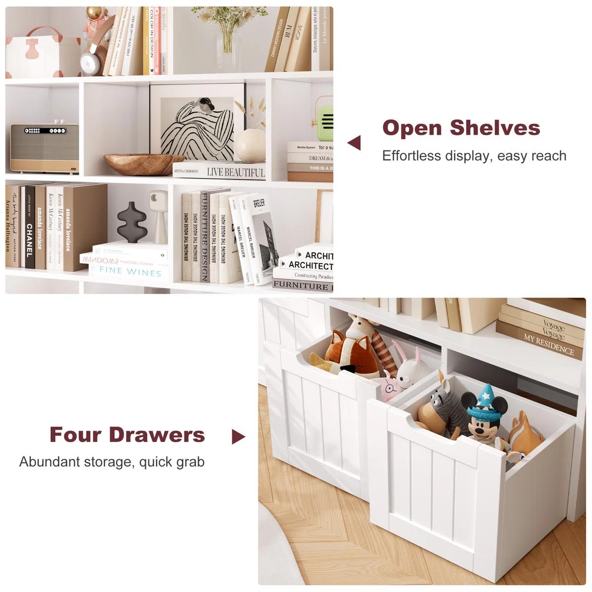 FOTOSOK Bookshelf and Bookcase with 4 Movable Drawers, Toy Organizer with Hidden Wheels and 12 Open Cubbies, Tall Bookshelf Large Open Book Shelf Standing Book Case for Home Office