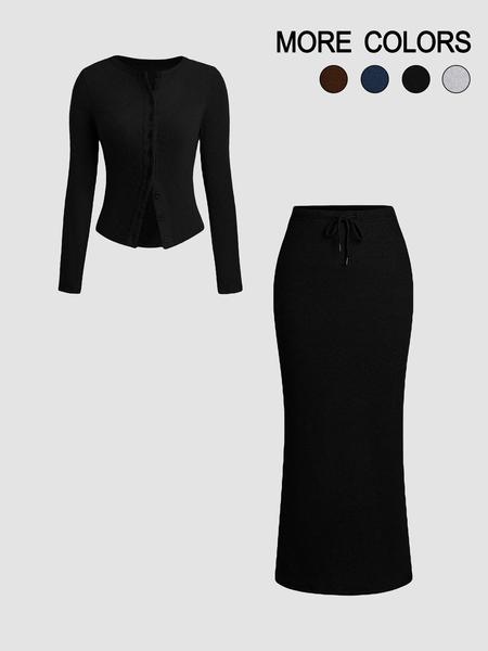 Two-piece Set Women's Solid Color Button Front   Top & Skirt, Elegant Fashion Casual Outfits for Daily Outdoor Wear, Women Clothing for Spring & Fall, Suits