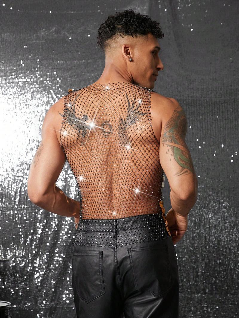Mens Sparkly Mesh Tank Top Rhinestone See Through Clubwear Sexy Hollow Out Party Outfit Festival Stage Fashion Statement
