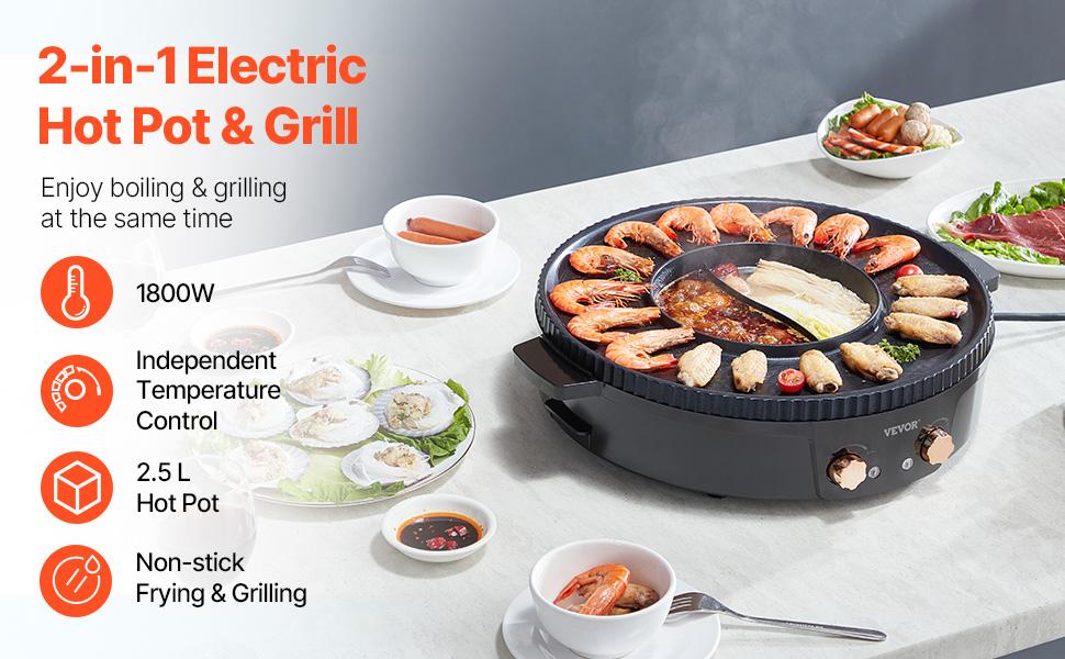 VEVOR 1800W Power 2-in-1 Electric Smokeless Hot Pot Grill, Korean BBQ Shabu Shabu with Separate Dual Temp Ctrl, Non-Stick Pan for Family Dining (2-8 People) VEVOR 1800W Power 2-in-1 Electric Smokeless Hot Pot Grill, Korean BBQ Shabu Shabu with Separate Dual Temp Ctrl, Non-Stick Pan for Family Dining (2-8 People)