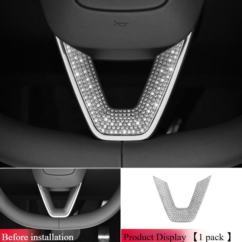 Sparkling Rhinestone Steering Wheel Sticker - Adjustable Aluminum Alloy Veneer Decoration for Car Interior, White & Black Design, Easy Installation, Enhances Grip & Style, Steering Wheel Accessory, Glossy Finish