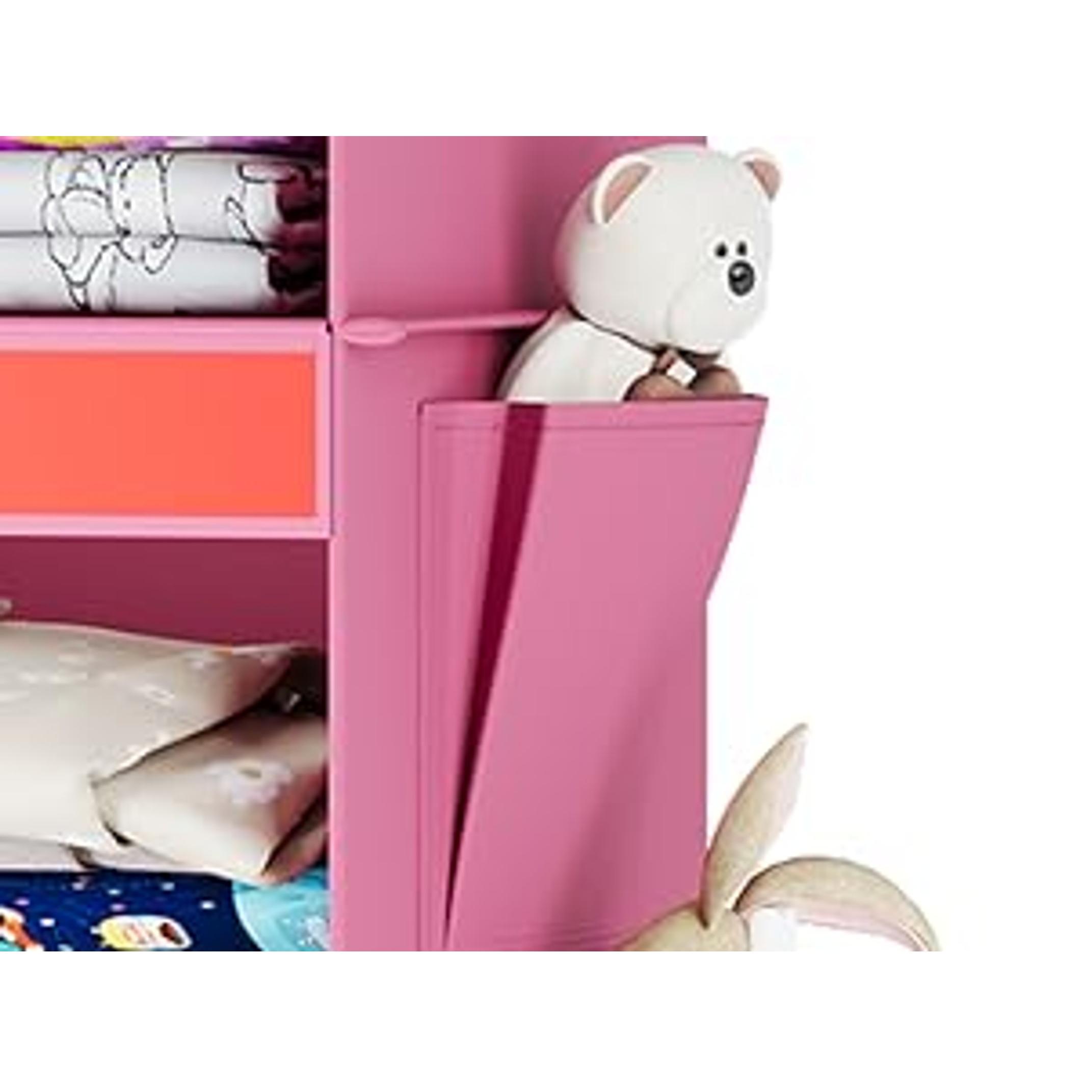 Colorful Bamboo 6-Shelf Weekly Hanging Closet Rack with Insert Hooks & 2 Side Pockets, Pink Kids’ Clothes Organizer