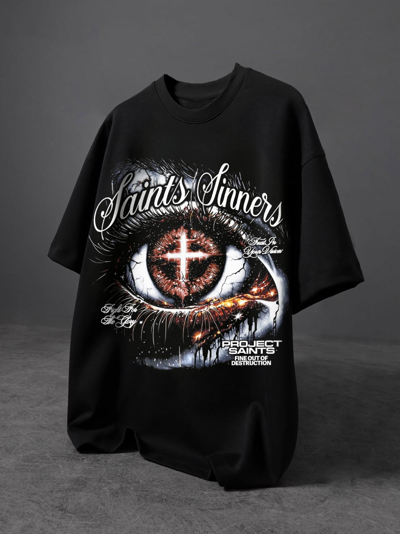 Men's Summer Street Style T-Shirt, Cartoon Cross Print, Slim-Fitting Long Sleeve, Fashionable Pure Cotton, Trendy Loose Fit