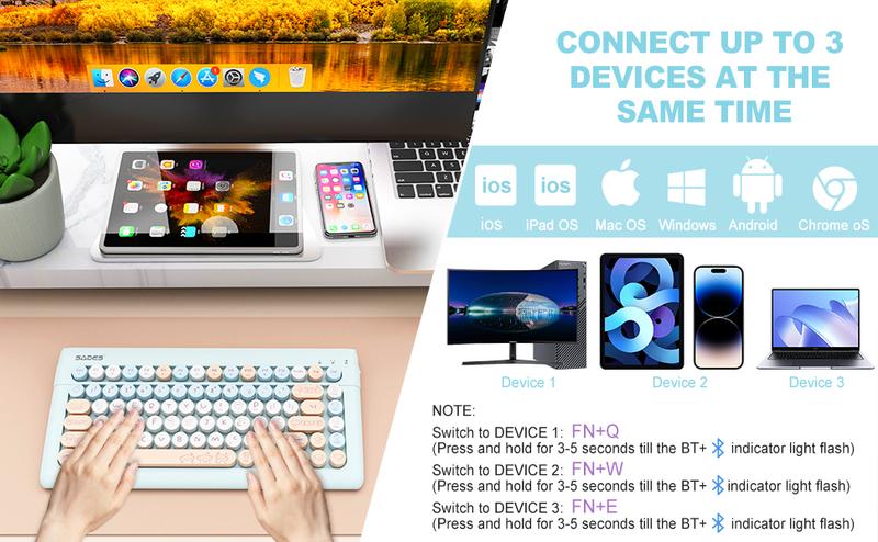 Wireless Bluetooth Keyboard for Mac, iPad, iPhone, PC, and Android—Connect Up to 3 Devices, Portable 84-Key Retro Typewriter Style, Light Blue