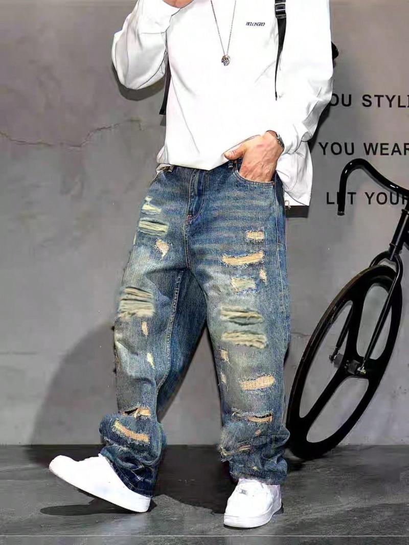 Men's Loose-Fit Denim Jeans, Casual Style Worn Look Ripped Design, Ripped Hole Jeans, All-Season Plain Straight Leg Jeans for Men