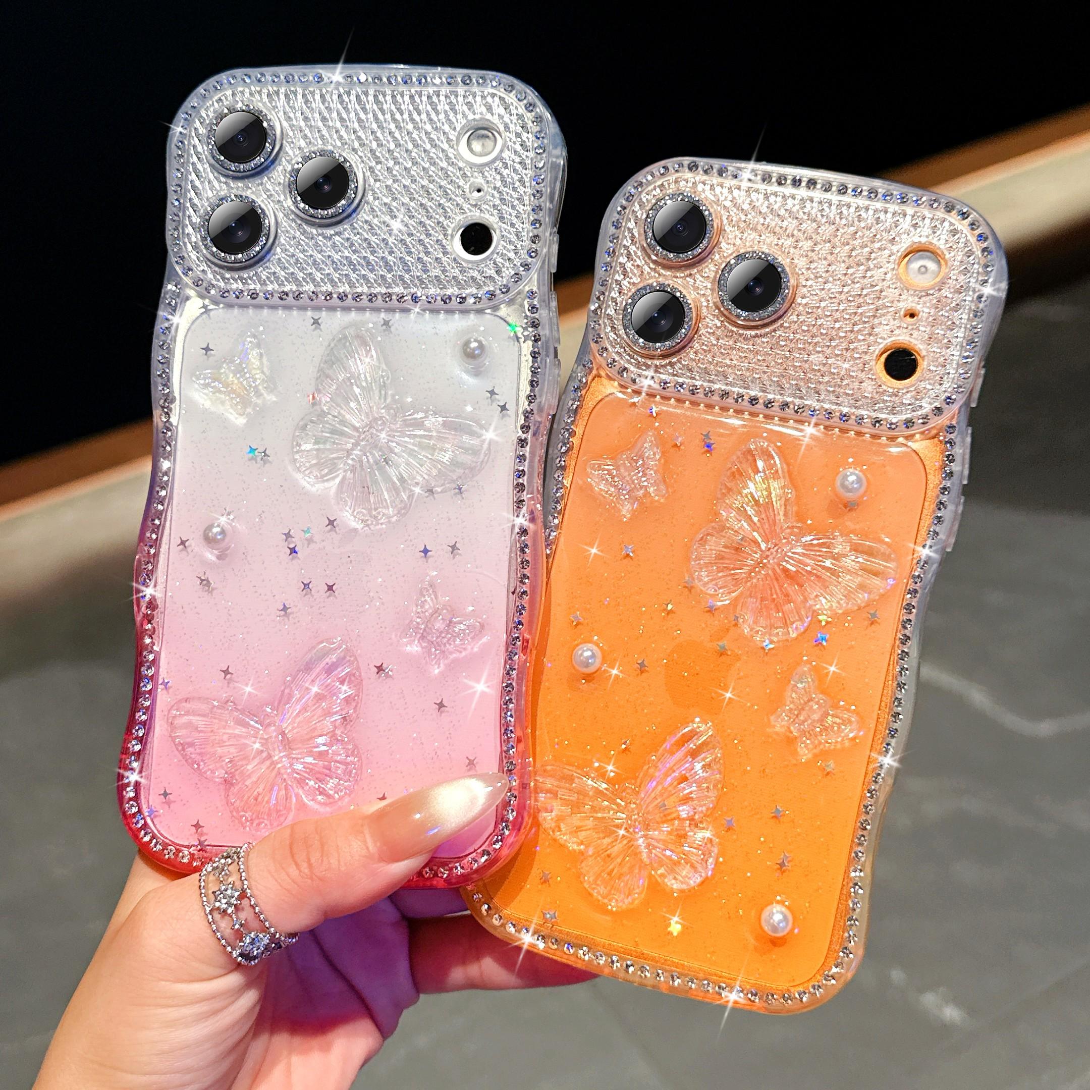 Women's Star Diamond Wave Resin Butterfly Apple Case, Protective Phone Cover for iPhone 17/16/15/14 Series, Stylish and Durable Design