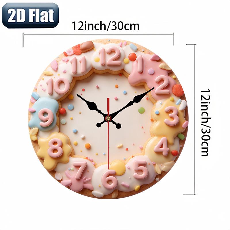 2D flat design. 1 piece set. Sweet Donut Cookie Creative Wall Clock, Silent Decorative Wall Clock, Creative Wall Clock, Suitable for Bedroom, Living Room, Office Decoration, 25/30 cm (excluding AA batteries), 2D Flat Version