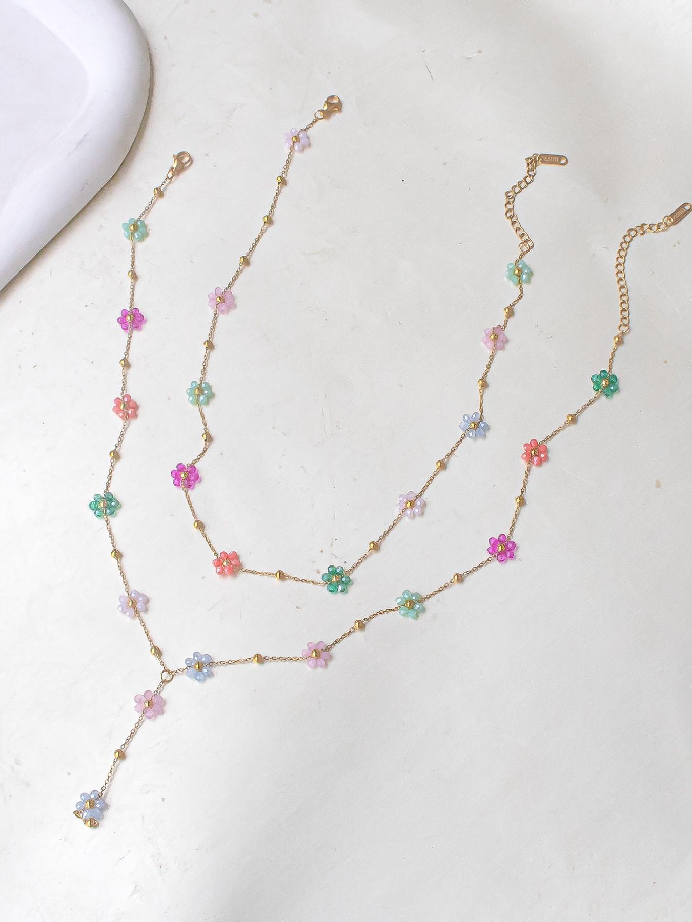 Boho Style Colorful Beaded Flower Necklace Set, Handmade Daisy Pendant Fringe Design, 14k Gold Plated Chain Jewelry Gift
