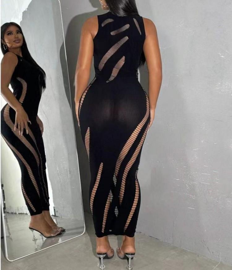 One size thin knitting Women's Black Sleeveless Striped Hollow Out Dress Formal Elegant Strapless Long Outfit for Girls