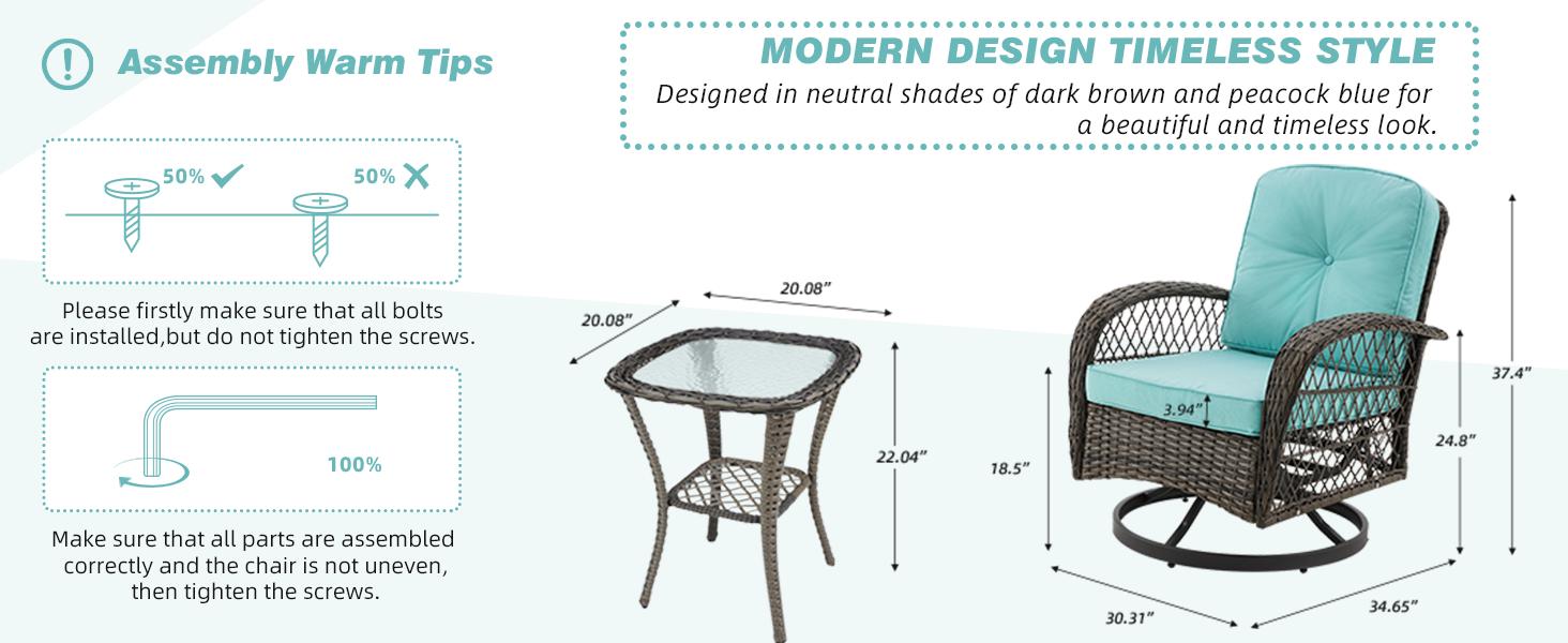 EROMMY 3 Pieces Outdoor Swivel Rocker Patio Chairs, 360 Degree Rocking Patio Conversation Set with Thickened Cushions and Glass Coffee Table for Backyard  wicker furniture