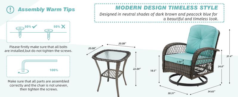 EROMMY 3 Pieces Outdoor Swivel Rocker Patio Chairs, 360 Degree Rocking Patio Conversation Set with Thickened Cushions and Glass Coffee Table for Backyard  wicker furniture