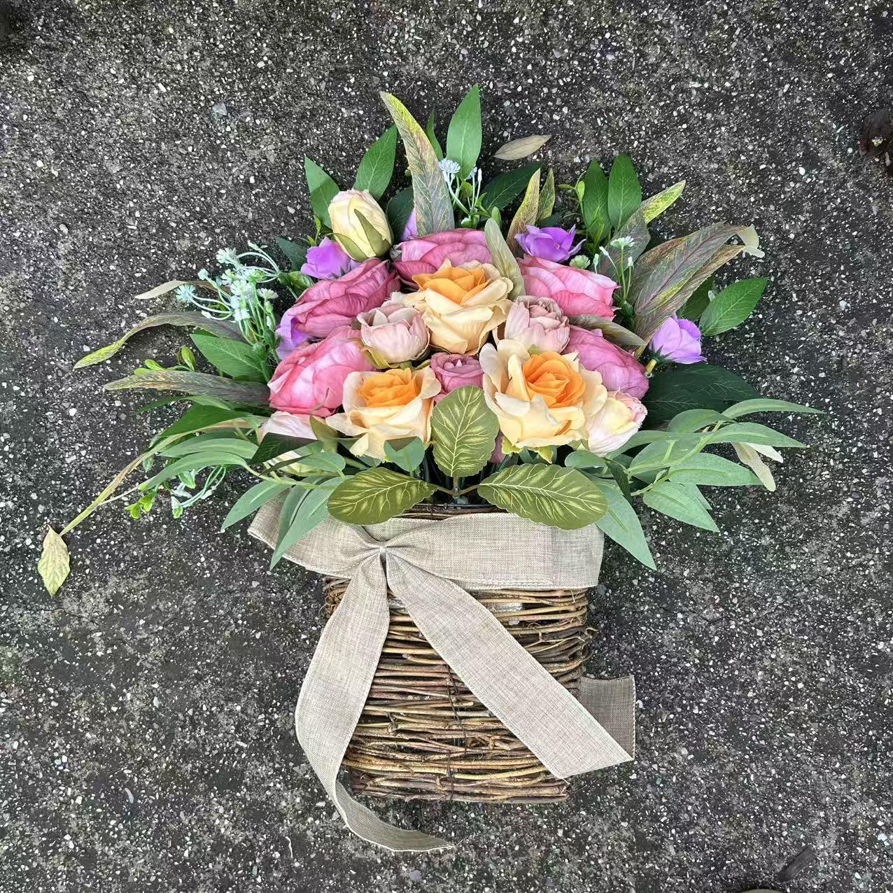 Peony Flower Door Basket Wreath, Spring Summer Wall Hanging Decor, Includes Hydrangea, Plastic Wreath for Front Door, Mother's Day, Daily Decor