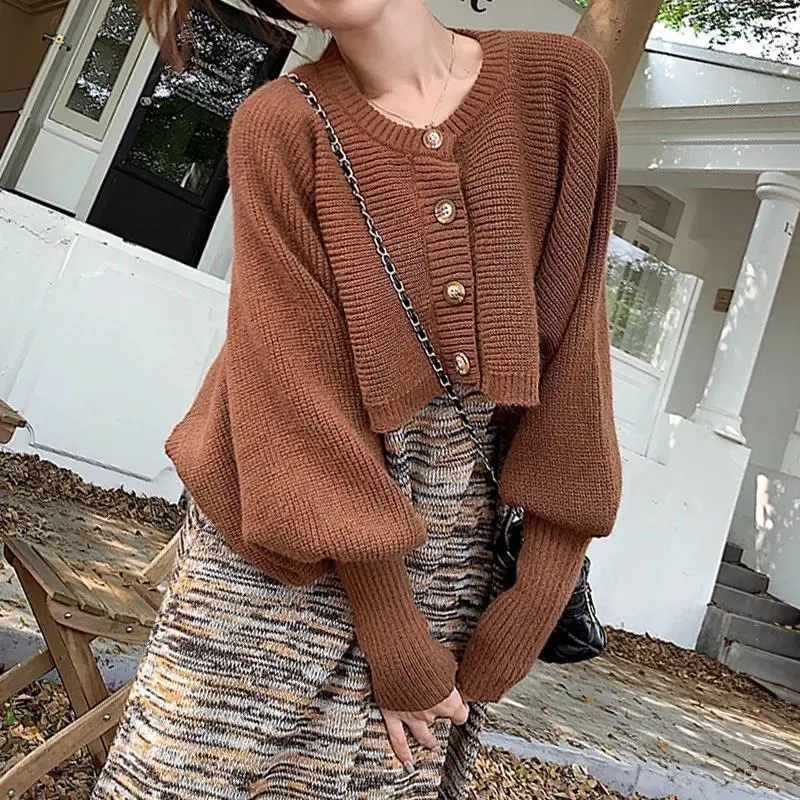 Women's Batwing Balloon-Sleeve Button Front Rib Knitted Slouchy Crop Cardigan Sweater Jacket Teen-girl Fall Winter Basic Outfit
