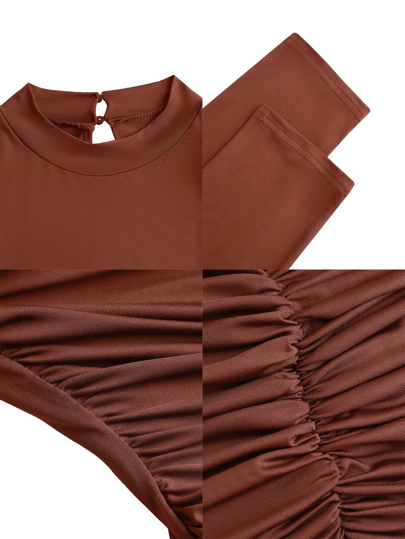 Women's Elegant Fall Winter Plus Size Dress, Stand Collar Ruched Bodycon, Long Sleeve Plain Design, Fashionable Commuter Wear