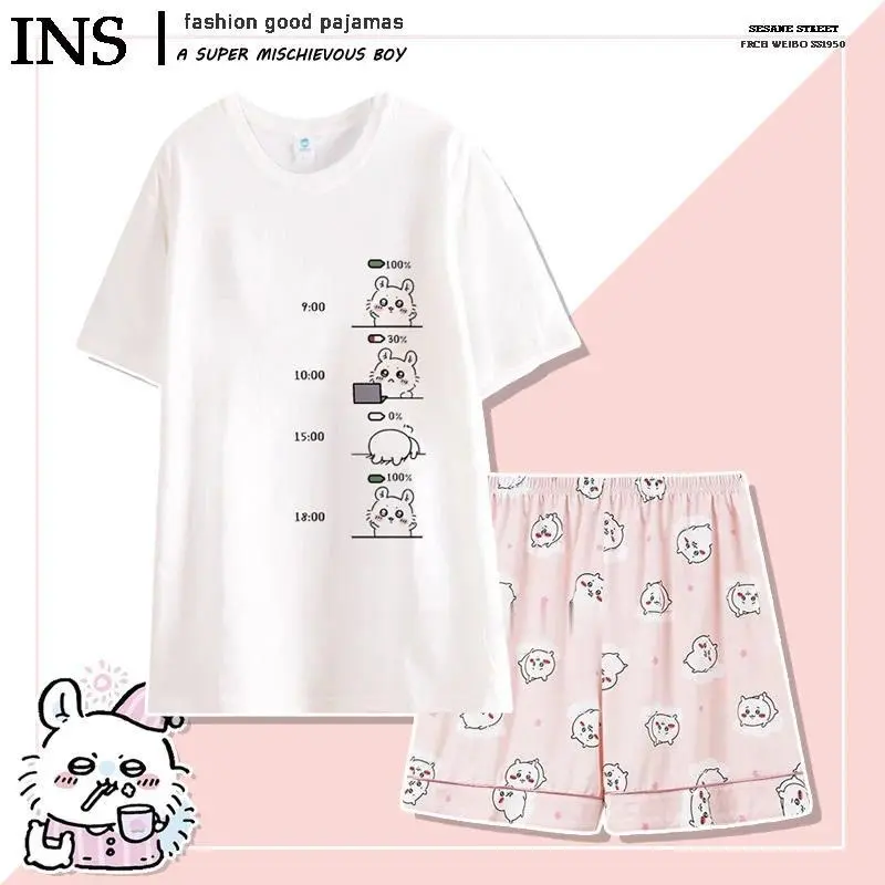 Anime Usag Hachiware Summer Thin Pajamas Round Neck Loose Long-Sleeved Shirt and Pants Cute Cartoon Pattern Household Clothes