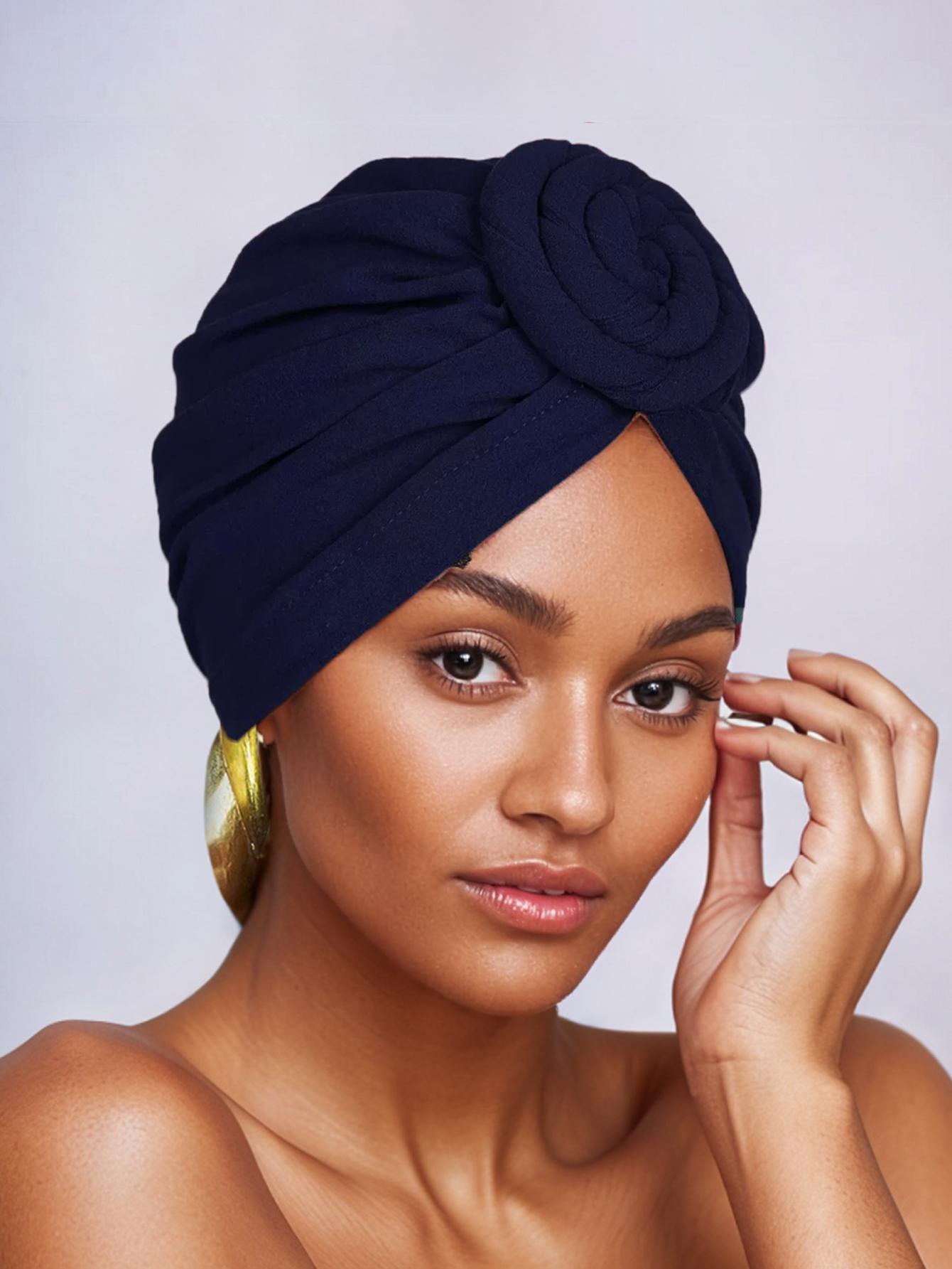 Women's Ethnic Headscarf Hat, Floral Twist Design Indian Turban Cap, Casual Fitted Style for All Seasons, Perfect for Parties & Daily Use