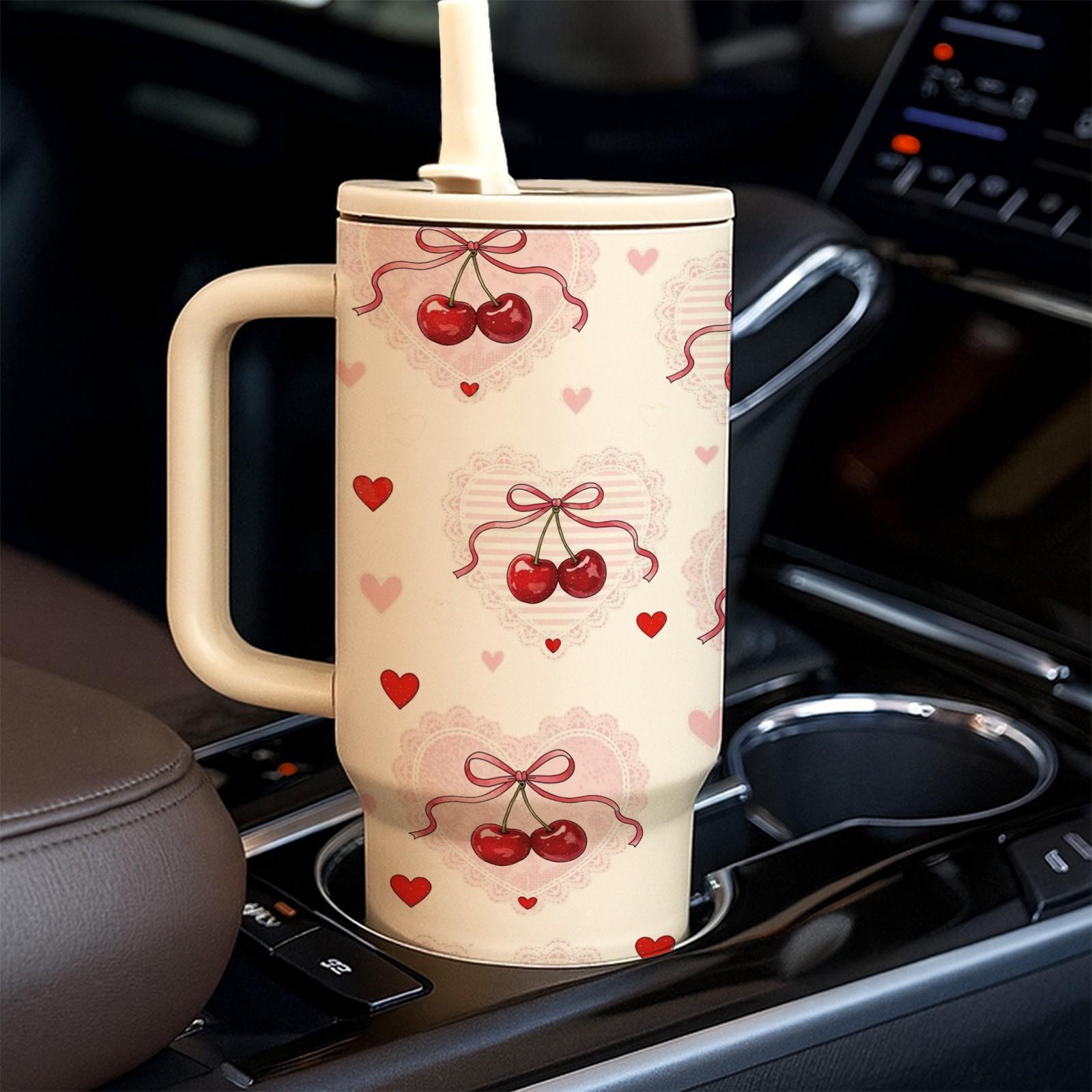 1 Pc 40oz Double Layer Insulated Mug, Tumbler, Vintage Cherry Bow Pattern Thermal Mug, Double Wall Vacuum Mug with Straw Lid and Handle, Keeps Hot 12 Hours, Cold 24 Hours, Large Capacity Car Cup for Hot Cold Drinks, Gift for Women Holiday Daily Use