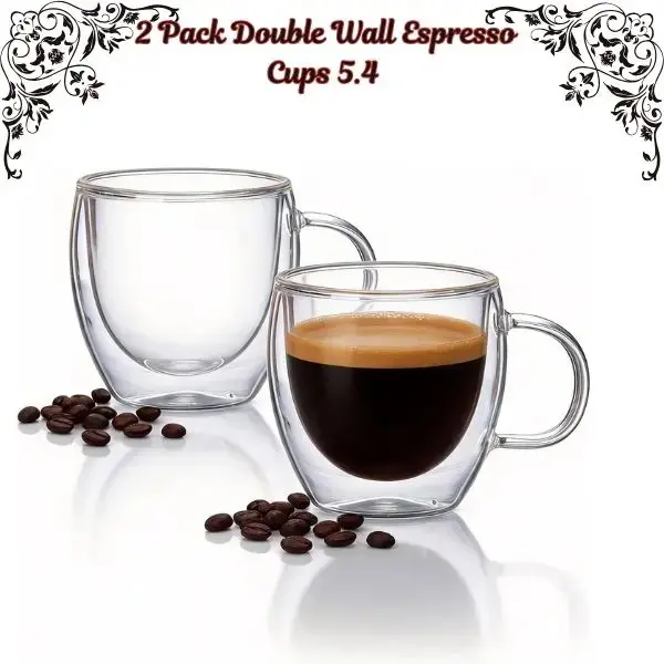 2 Pack Double Wall Espresso Cups 5.4 oz, Clear Borosilicate Glass Coffee Mugs with Handles, Insulated Heat Resistant Demitasse Cups for Coffee Tea, Mother’s Day Gift, Father’s Day Gift