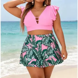 Plus Size V-Neck Tankini & Swim Skirt Set - Solid Pink Ruffled Tankini Top with Keyhole Neckline, High-Waist Tropical Palm Print Swim Skirt, Comfortable Two-Piece Swimwear for Curvy Women Summer Vibes