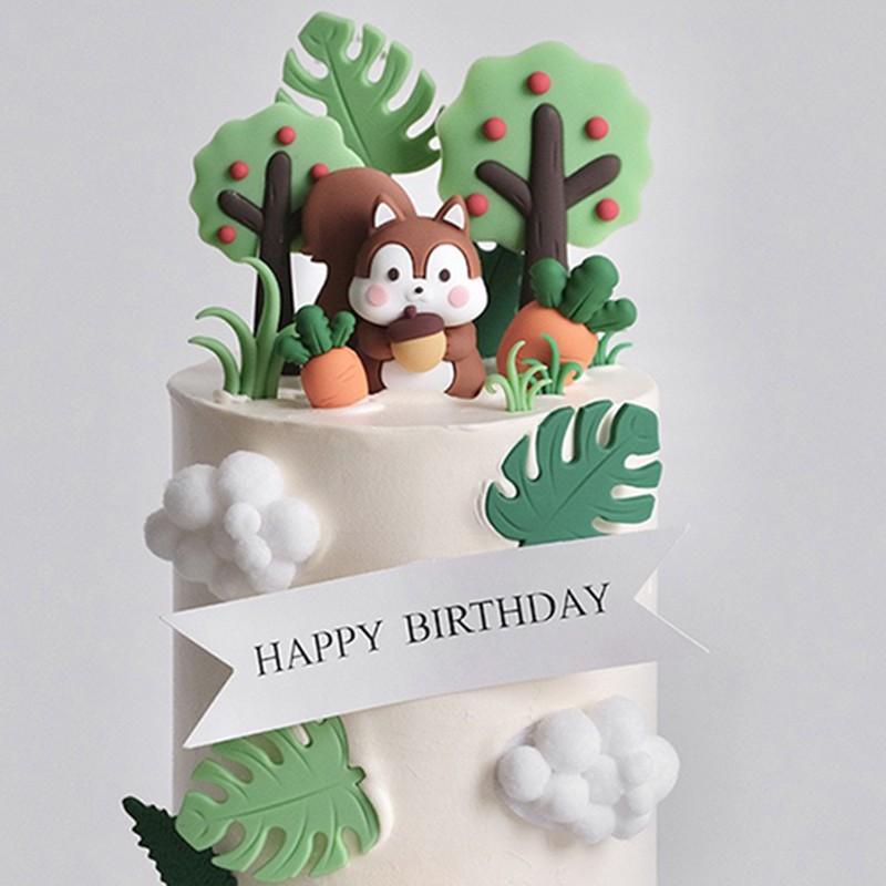 Animal System Forest Theme Kids Boy Birthday Cake Decorations, Cartoon Animals Zebra Hippo Squirrel Monkey Rabbit Elephant Baby Birthday Insert, Home Ornament