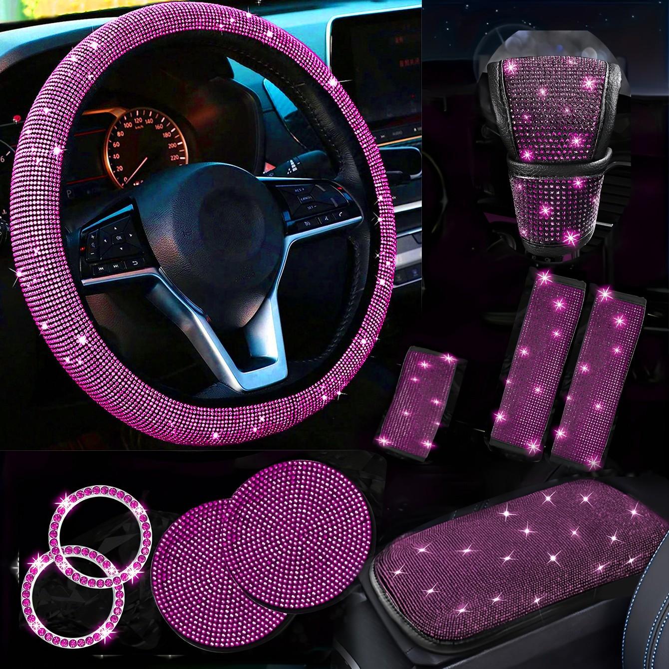 10-Piece Car Interior Set, Bling Car Accessories, Diamond Steering Wheel Covers, Sparkling Rhinestone Seat Belt Clips, Gear Shift Cover, Cup Mat, Fits Most Cars