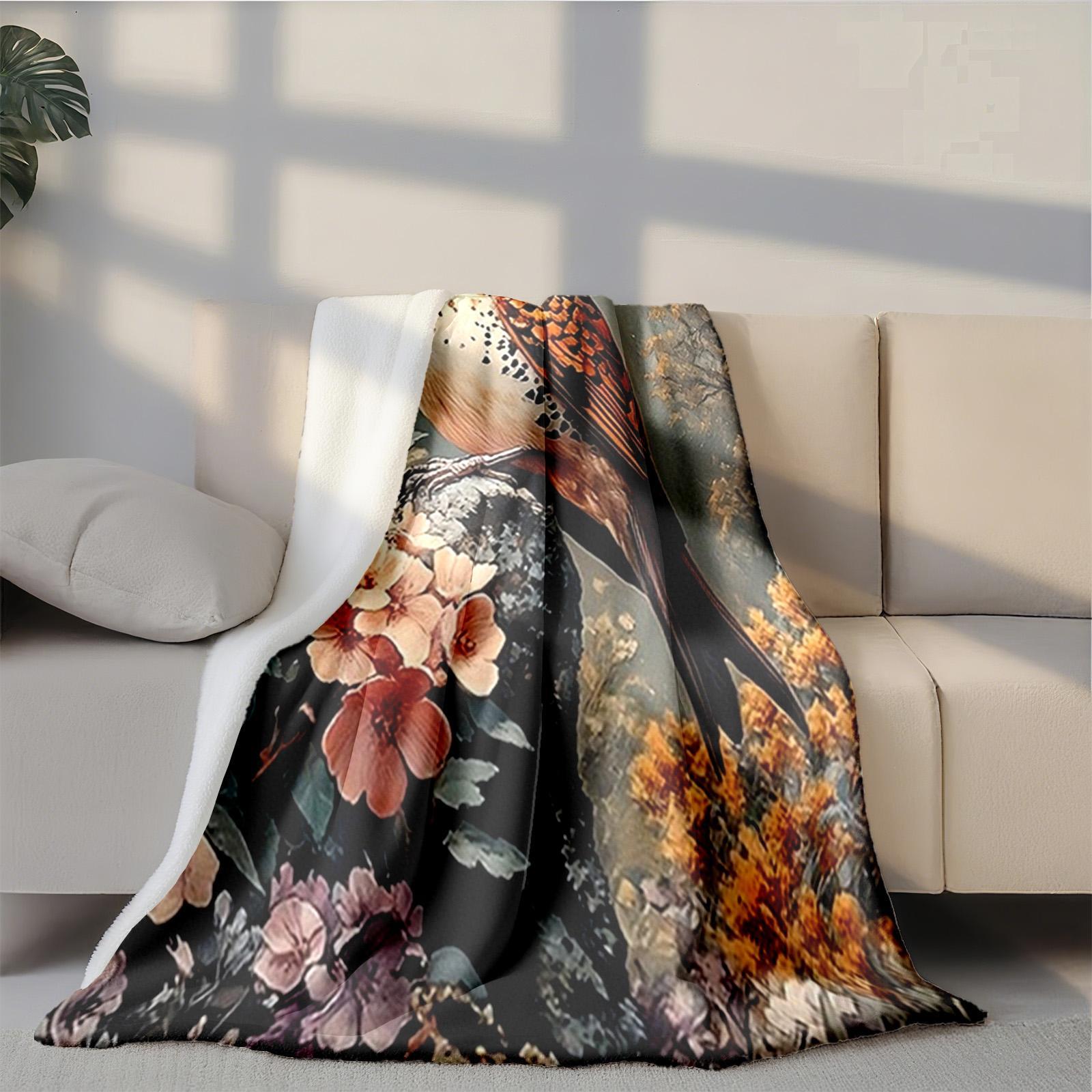 1 piece The natural beauty of a fulvetta perched amid the blossoms themed flannel blanket - Flannel weaving craft blanket, modern style, suitable for sofas and beds, all-season use, super soft and warm, digital print design, 100% polyester