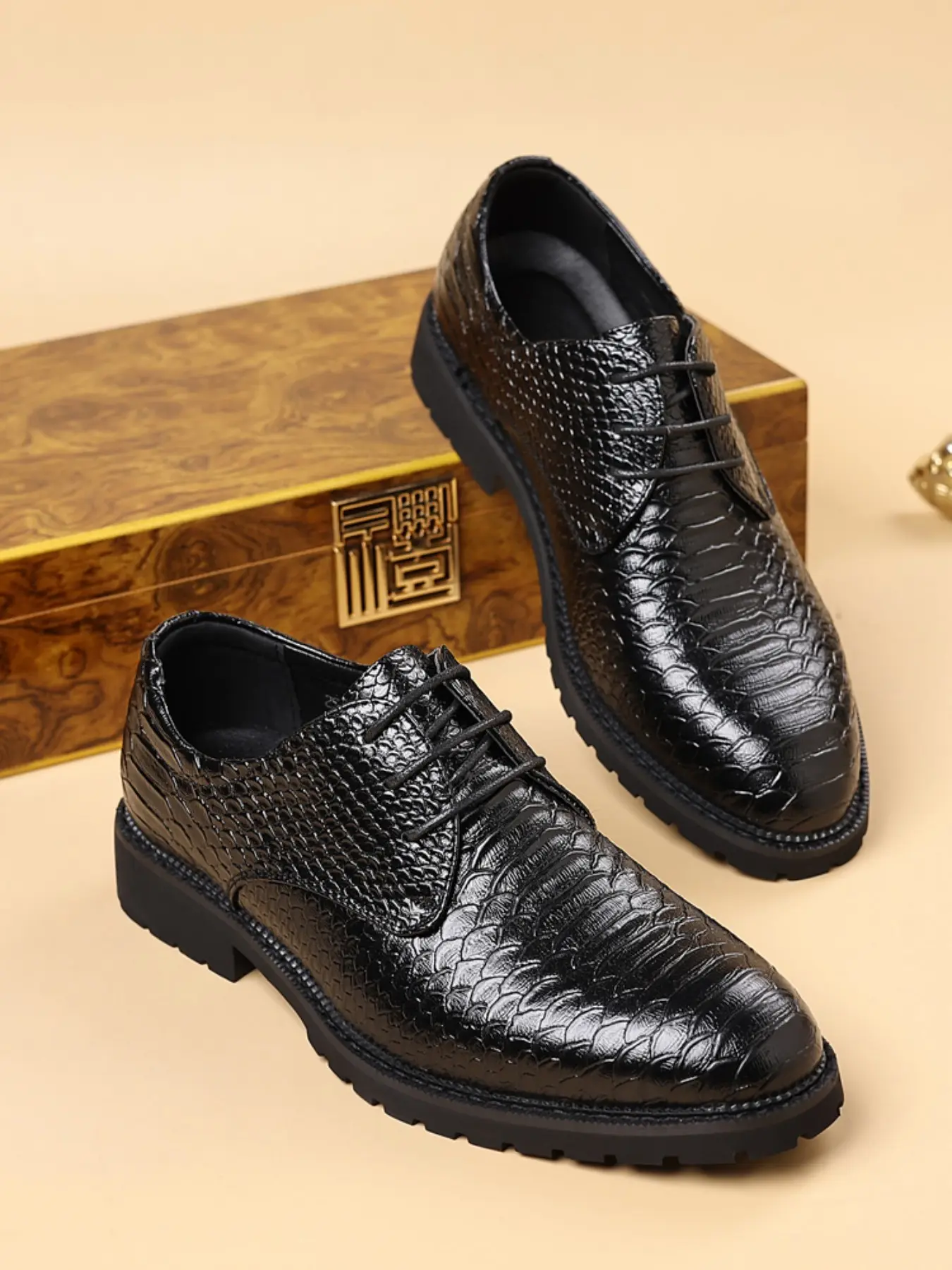 Men's Python Skin Leather Derby Shoes, Glossy Snake Pattern Laces, Business Party Formal Footwear, Elegant Men's Shoes