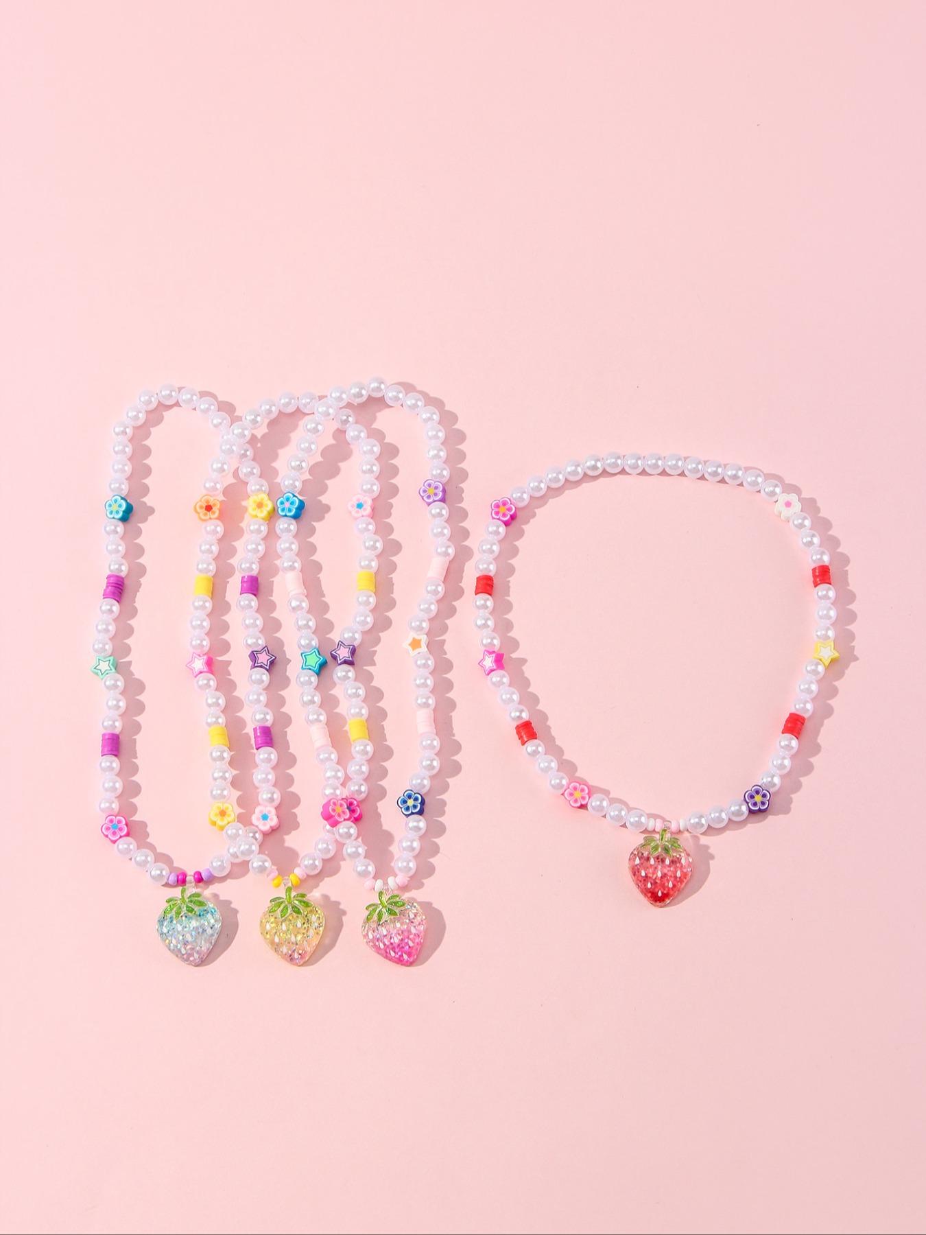 4pcs/set Acrylic Strawberry Pendant Bracelet Set, Cute Floral Design, Perfect for Girls' Birthday Parties, Casual Wear, All Seasons