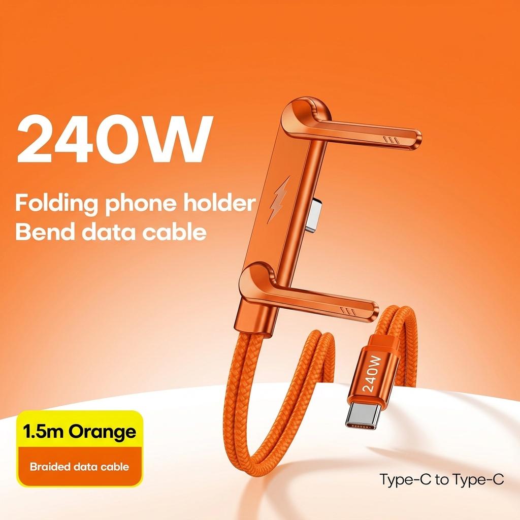 Orange  2026 Newest 240W Foldable Phone Stand Data Cable USB-C Ultra-Fast Charging Cable, 59.06-inch Charging Cable, 240W Braided Fast Charging Cable with  Phone Stand, T-Shaped Folding Design, Suitable for iPhone 15-17 Series