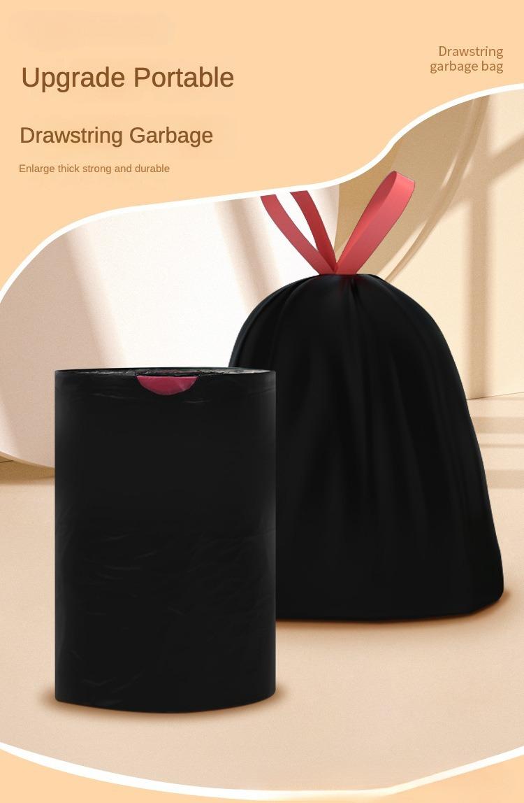 120 Drawstring Garbage Bags. Suitable for home use in the living room, kitchen, toilet, and courtyard. These are thickened and weighted, handheld large-sized garbage bags with an automatic drawstring closure. They are black plastic bags for household