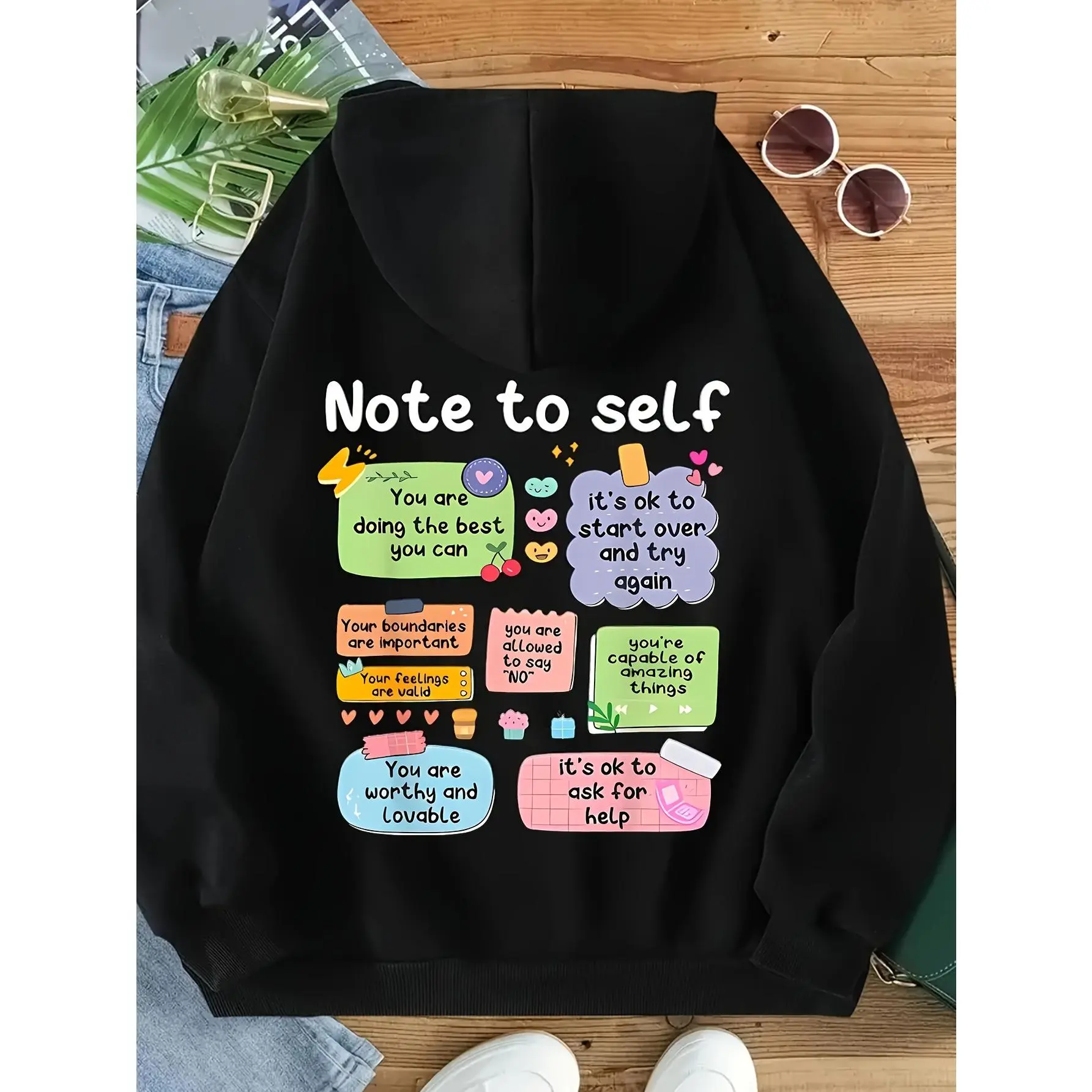 Women's Casual Long Sleeve Hoodie with Alphabet Cartoon Print and Kangaroo Pocket, Drawstring Hooded Sweatshirt, Cotton - Machine Washable