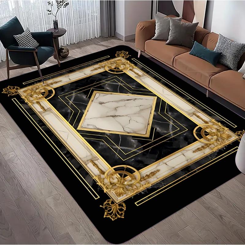 Luxury Black Green Gold Marble Flannel Area Rug - Modern Geometric Border Print Soft Mat for Living Room, Non-Slip Home Decor#LuxuryMarbleRug #BlackGreenGoldMat #GeometricBorderDecor #ModernCarpet #NonSlipFlannelRug