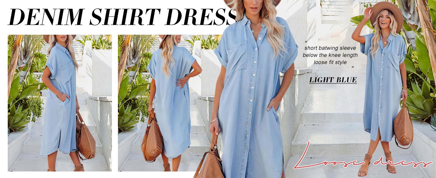 Chouyatou Women's Summer Loose Hand Pocket Midi Long Tunic Denim Shirt Dress Comfort SpringStatements