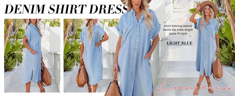 Chouyatou Women's Summer Loose Hand Pocket Midi Long Tunic Denim Shirt Dress Comfort