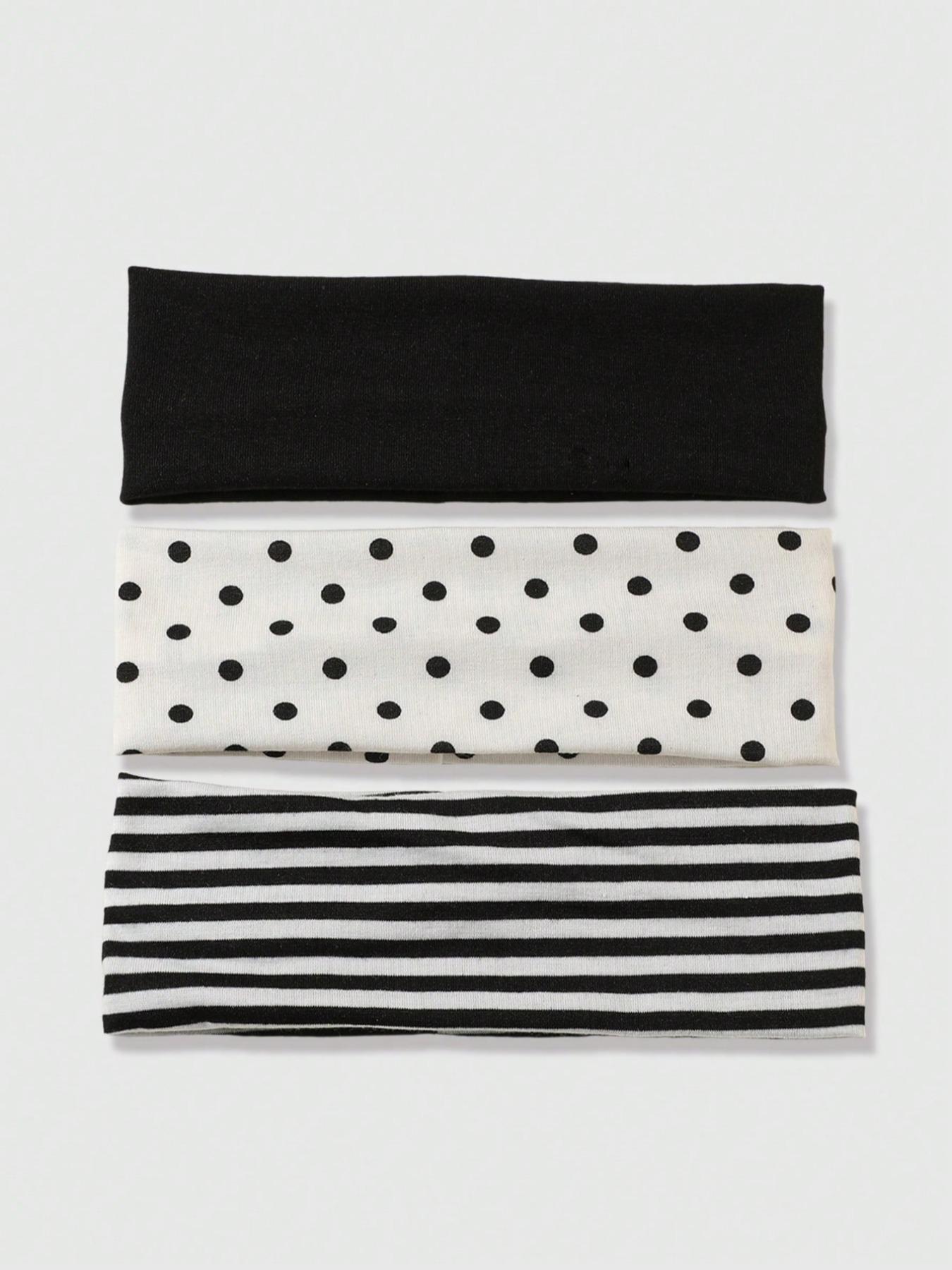 3pcs-Black-White-Polka-Dot-Striped-Elastic-Sweatband-Suitable-For-Daily-Life-Yoga-Fitness-Travel-Women-Hair-Accessories-Elastic Headbands-Headband Set