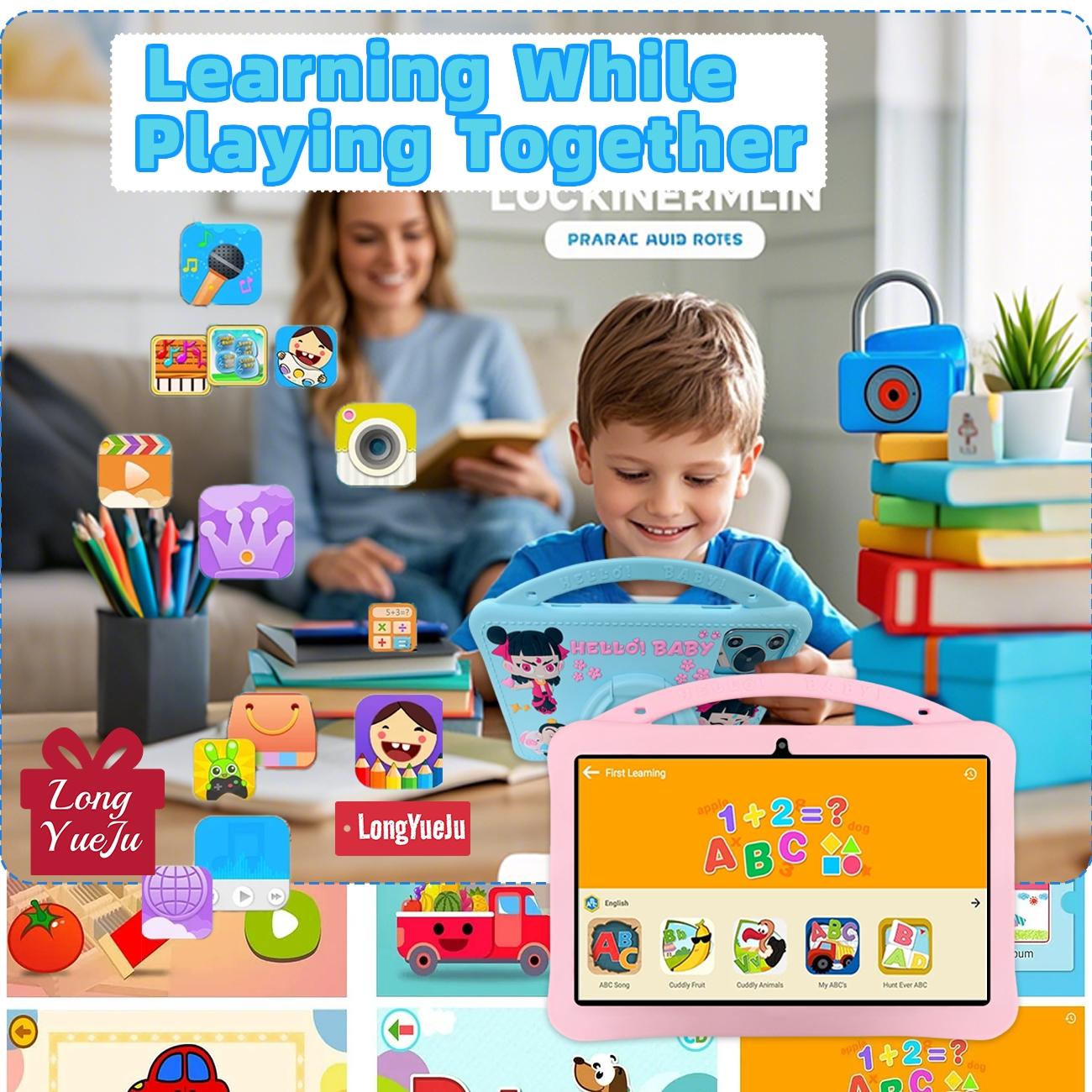 10.1-inch Android tablet, best-selling style, equipped with multiple smart applications, IWAWA educational software includes knowledge from multiple fields, with parental control function, no adapter, blue/pink, suitable as a holiday gift