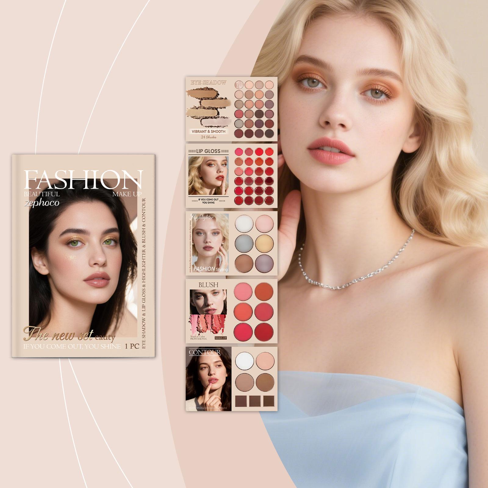Zephoco All-In-1 Fashion Makeup Book Palette Full Face Cosmetic Set - 24 Shades Eyeshadow, Lip Gloss, Blush, Highlight, Contour Kit, Blendable Pigmented Natural Shades for Daily/Party Looks, Portable Travel Kit for Makeup Beginners Women