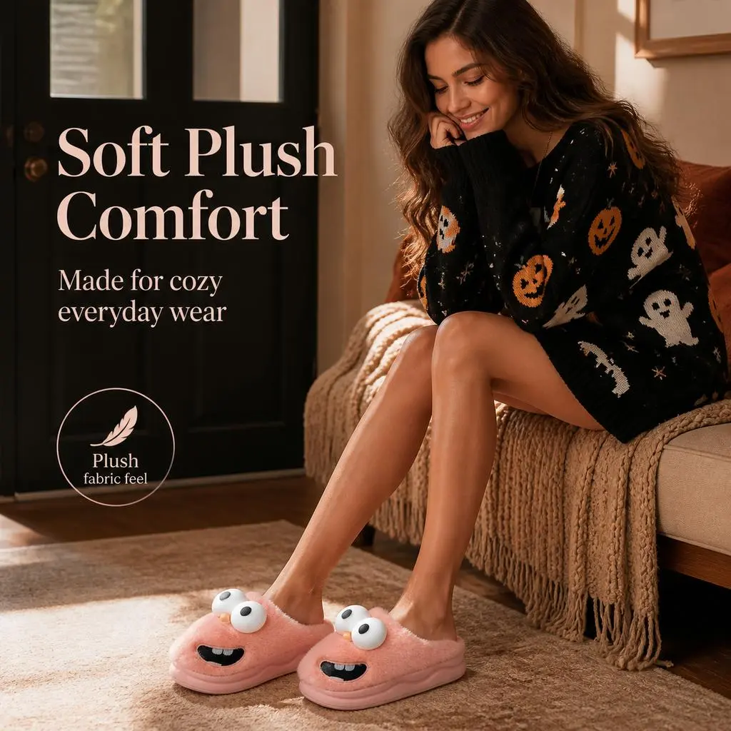 Pink Cartoon Monster Plush Open Back Slippers, Cute 3D Big Eyes Fuzzy House Slides for Women, Warm Fluffy Indoor Loungewear Footwear for Fall & Halloween