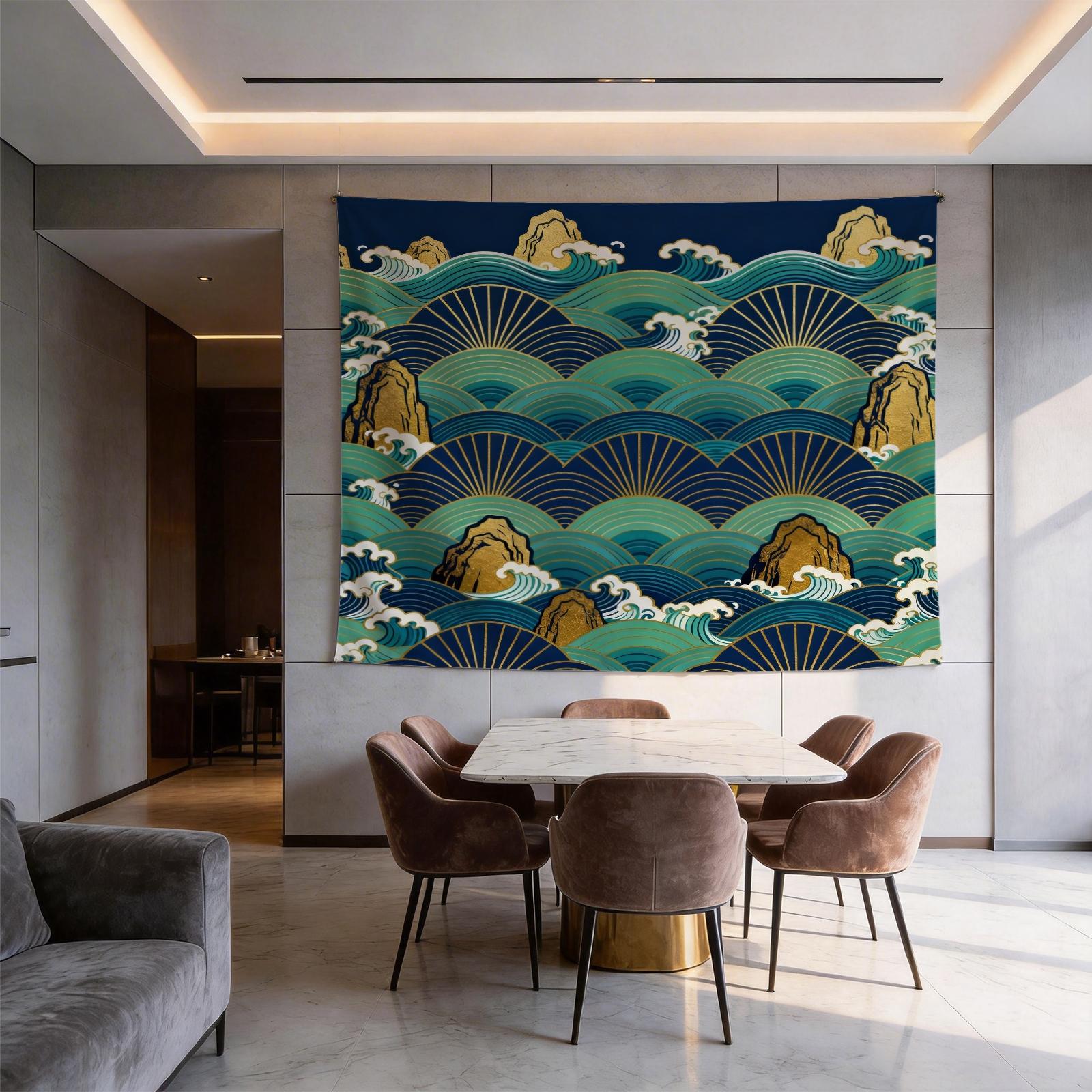 1 Piece Japanese Wave Sun Tapestry, Navy Blue Gold Foil Great Wave HD Digital Print Wall Hanging, Boho Polyester Tapestry, Lightweight Fade-Resistant, Easy to Hang for Bedroom, Living Room & Dorm
