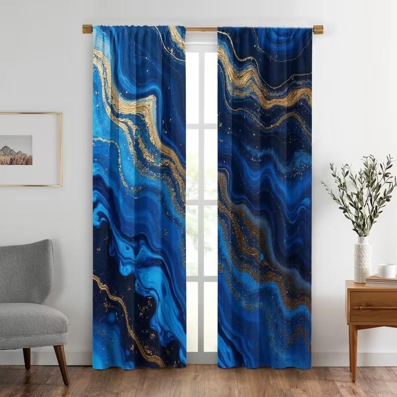 2 pieces of swirl blue and gold marble pattern printed curtains for elephants, made of polyester and semi-transparent, machine washable, suitable for bedrooms, living rooms and home decoration.