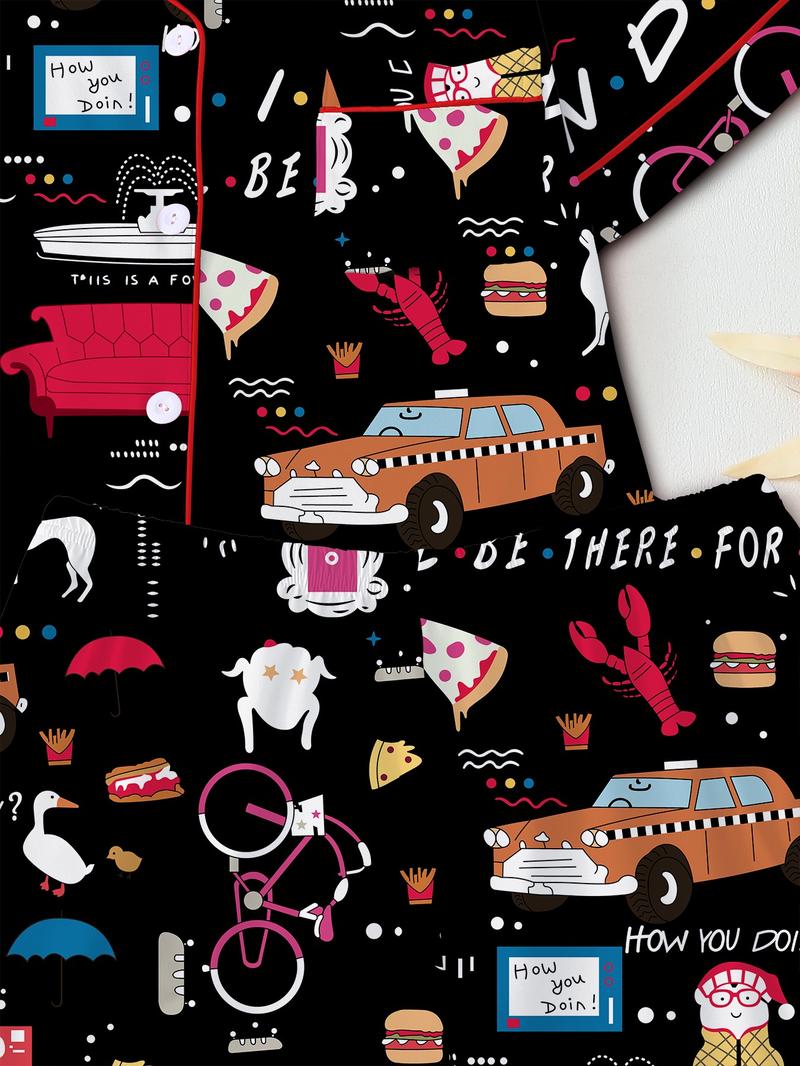 Women's Friends TV Show Sleepwear Loungewear Set, Spring Lapel Shirt & Pants Two-Piece, Short Sleeve Shorts, Party Wear, Fitted Pop Art Print