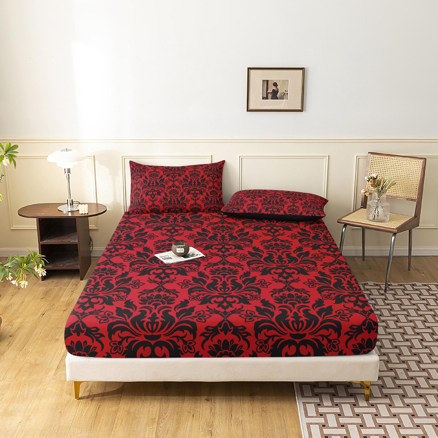 3pcs Fitted Sheet Set (1 Fitted Sheet + 2 Pillowcases, Pillow Core Not Included), Home Dormitory High-Definition Printed Black Pattern Fitted Sheet